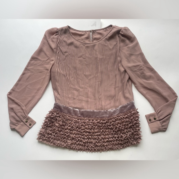 Goelia Pleated Chiffon & Velvet Ruffle Blouse | Romantic Old Money Top - Picture 3 of 7